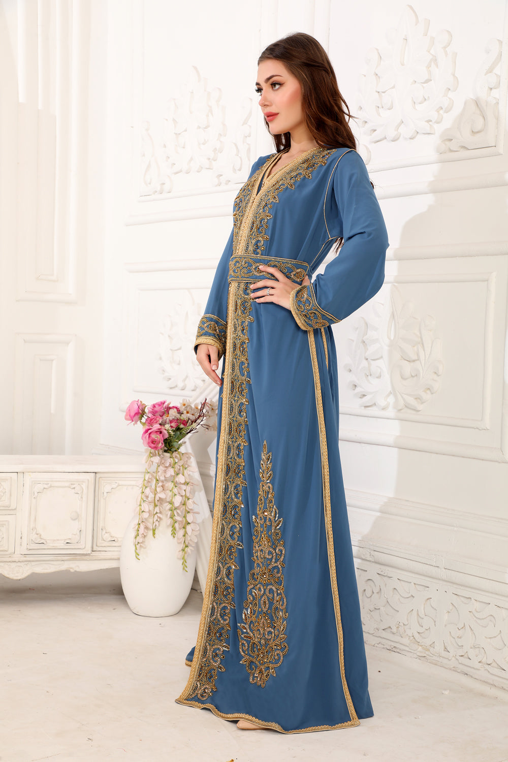 Crystal Embroidery Moroccan Caftan Takchita in a 3 Piece set with Belt 5XL / 60 Inches / No Scarf Crystal Embroidery Moroccan Caftan Takchita in a 3 Piece set with Belt 5XL / 60 Inches / No Scarf