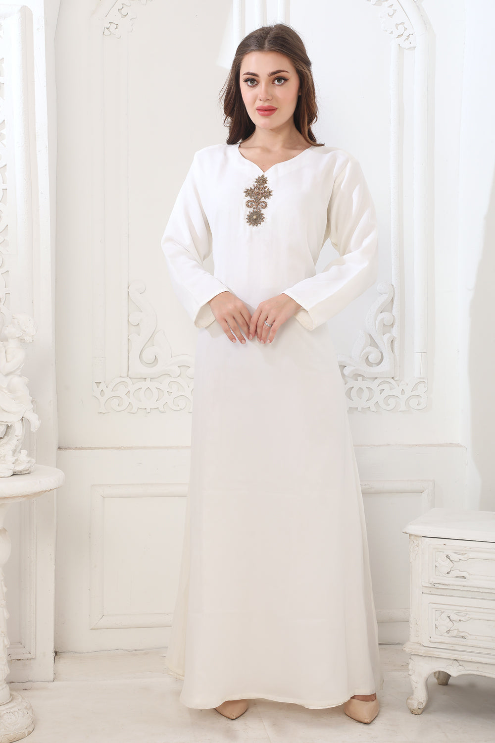 knee length dresses for ladies Designer Kaftan Flowy Arabic Dress with Hand Embroidery and Block Print XS / 60 Inches / No Scarf