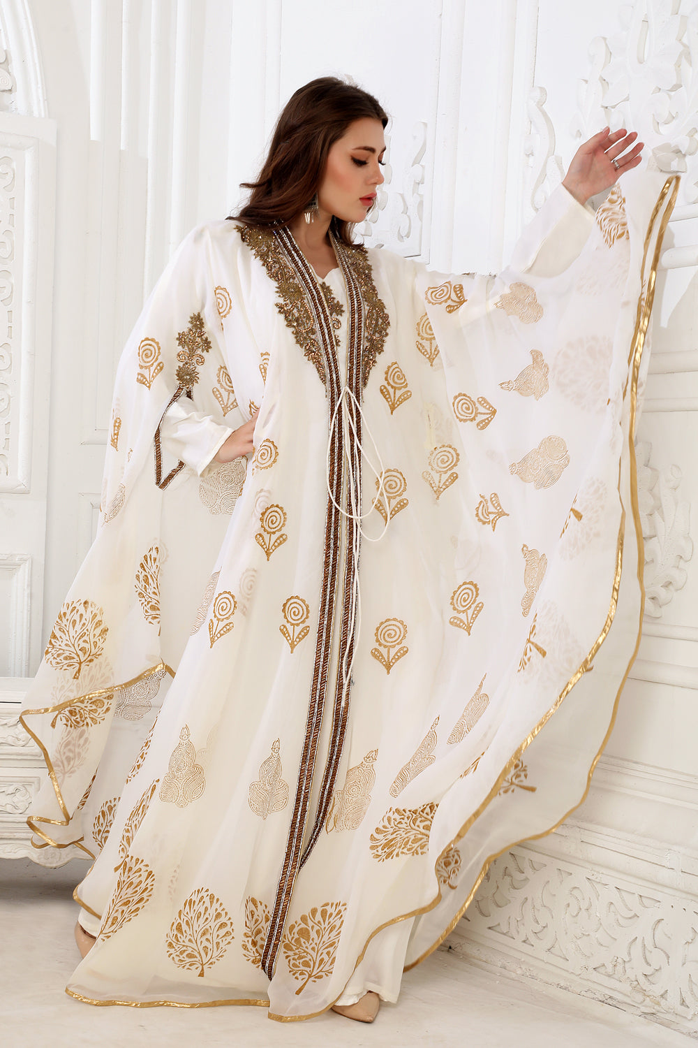 Designer Kaftan Flowy Arabic Dress with Hand Embroidery and Block print XL / 60 Inches / Matching Embroidered Scarf (24 X 71 Inches) Designer Kaftan Flowy Arabic Dress with Hand Embroidery and Block print XL / 60 Inches / Matching Embroidered Scarf (24 X 71 Inches)