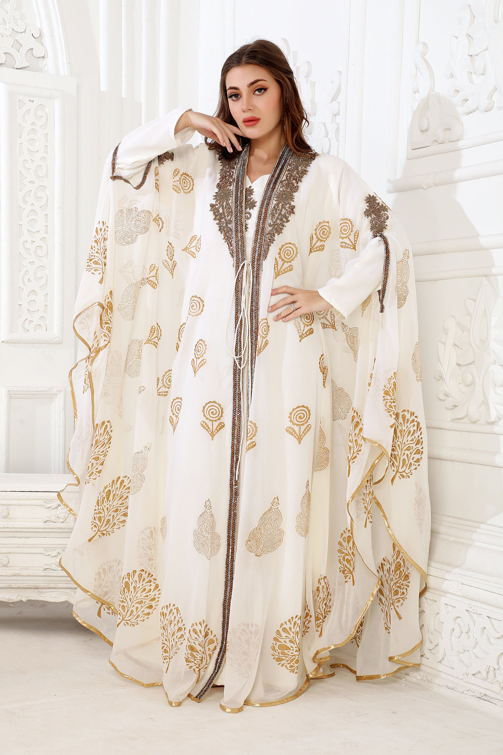 Designer Kaftan Flowy Arabic Dress with Hand Embroidery and Block print XL / 60 Inches / Matching Embroidered Scarf (24 X 71 Inches) Designer Kaftan Flowy Arabic Dress with Hand Embroidery and Block print XL / 60 Inches / Matching Embroidered Scarf (24 X 71 Inches)