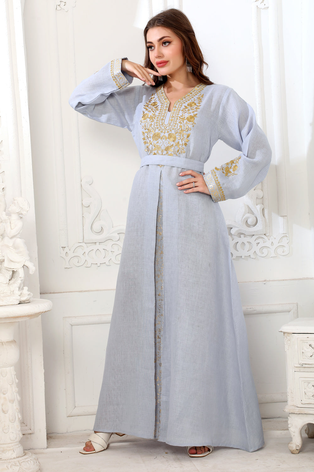 Royal Sky Blue Jalabiya with Gold Zari Thread-Embroidery Kaftan Royal Sky Blue Jalabiya with Gold Zari Thread-Embroidery Kaftan