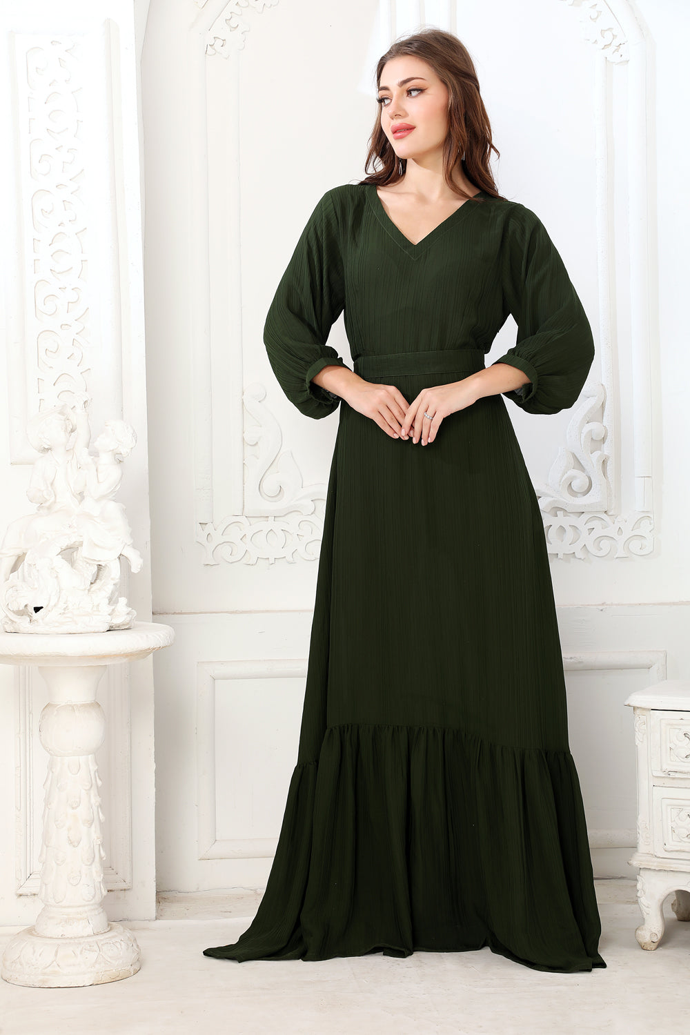 Classic Partywear Dark Green Dress with Bottom Frills  Maxim Creation