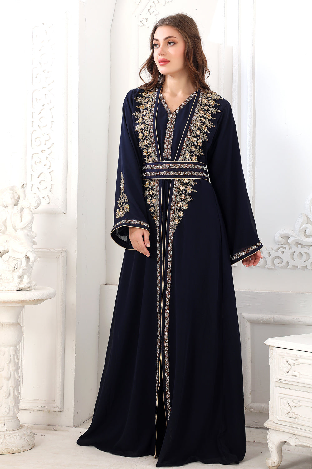 Takchita Jalabiya Kaftan With Crystal Gold-Silver Embroidery – Maxim  Creation