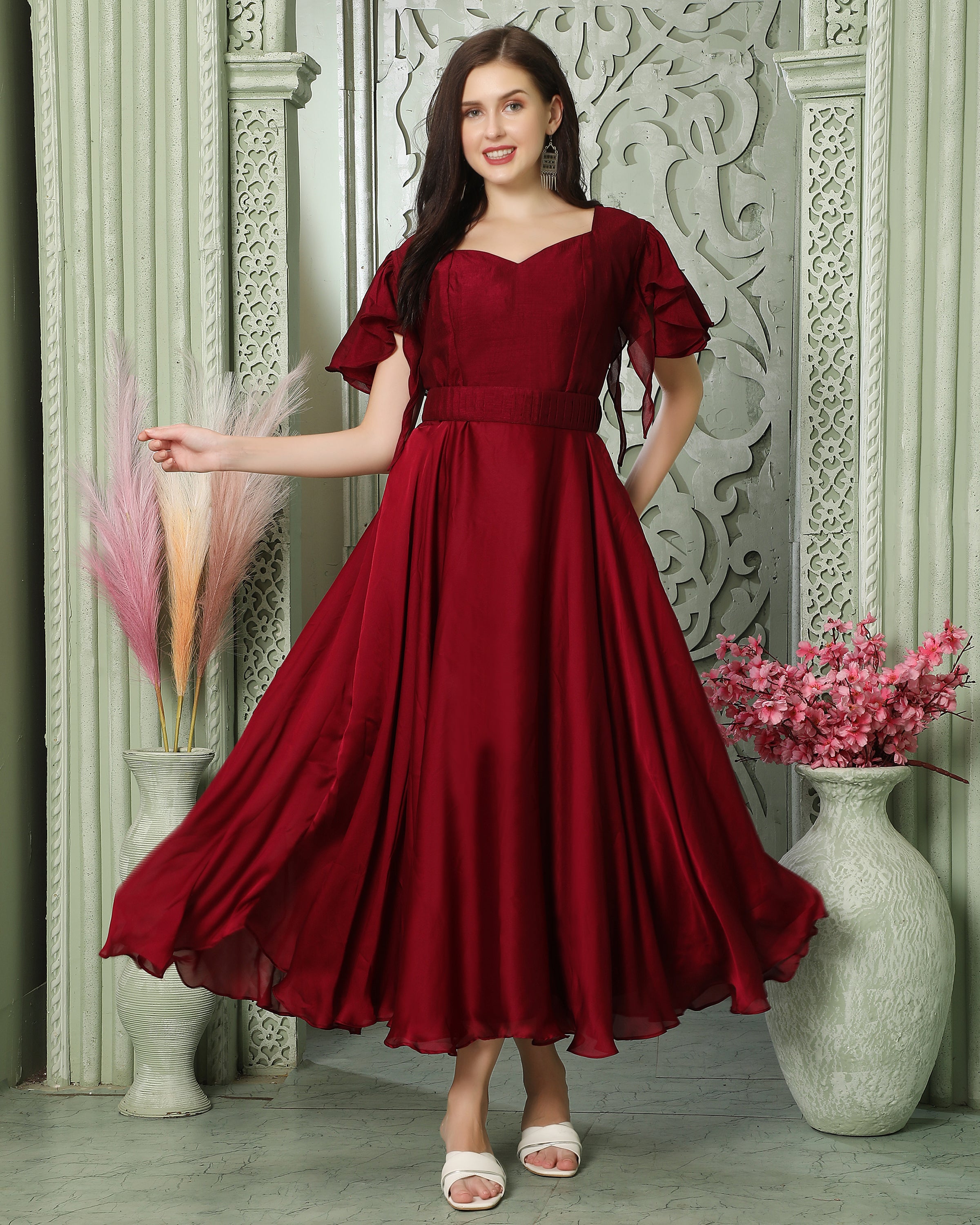 Cherry Red Partywear Heart Neck Dress