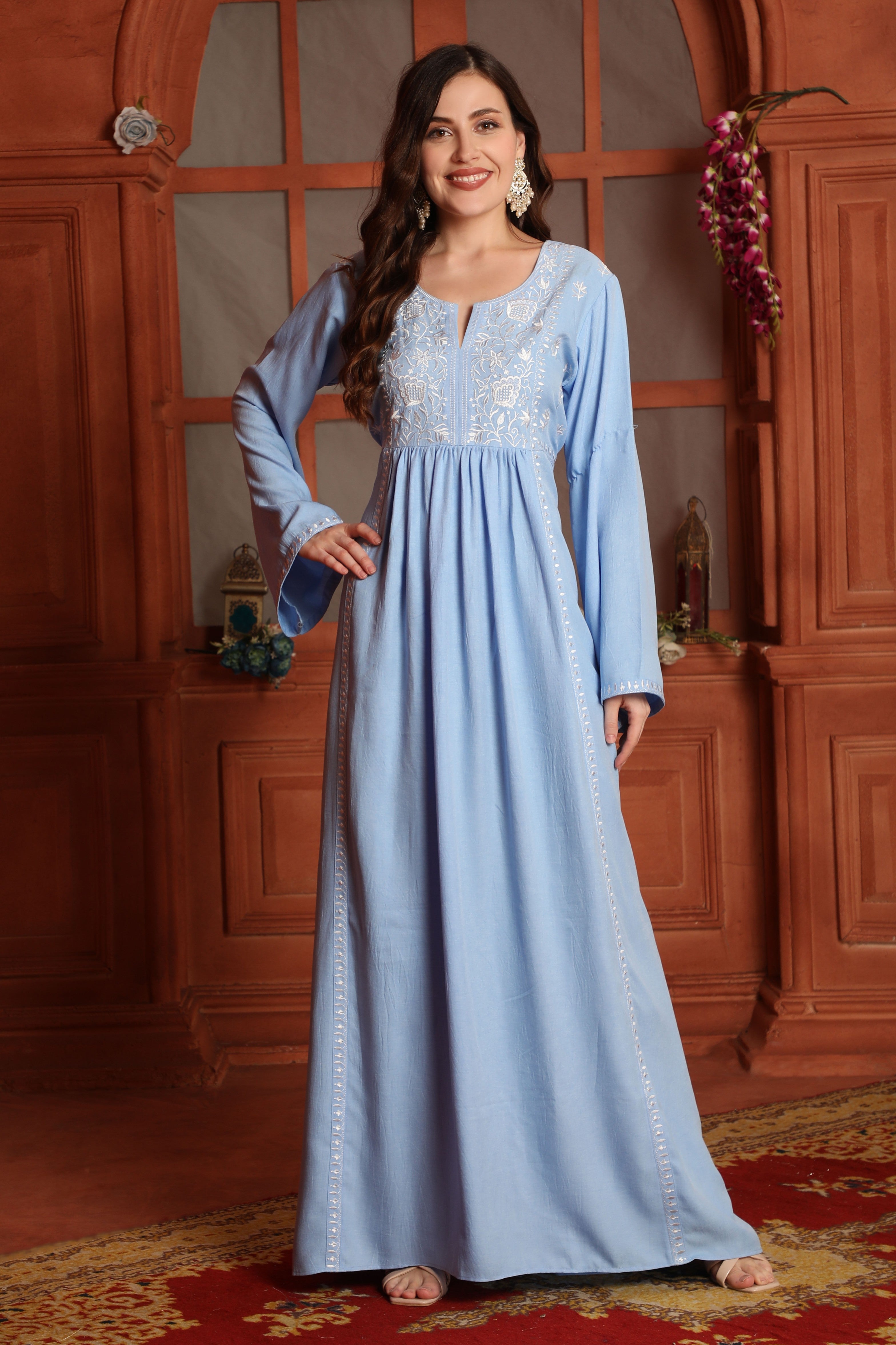 Sky Blue Floral Embroidered Empire Waist A-Line Dress Maxim Creation Sky Blue Floral Embroidered Empire Waist A-Line Dress Maxim Creation