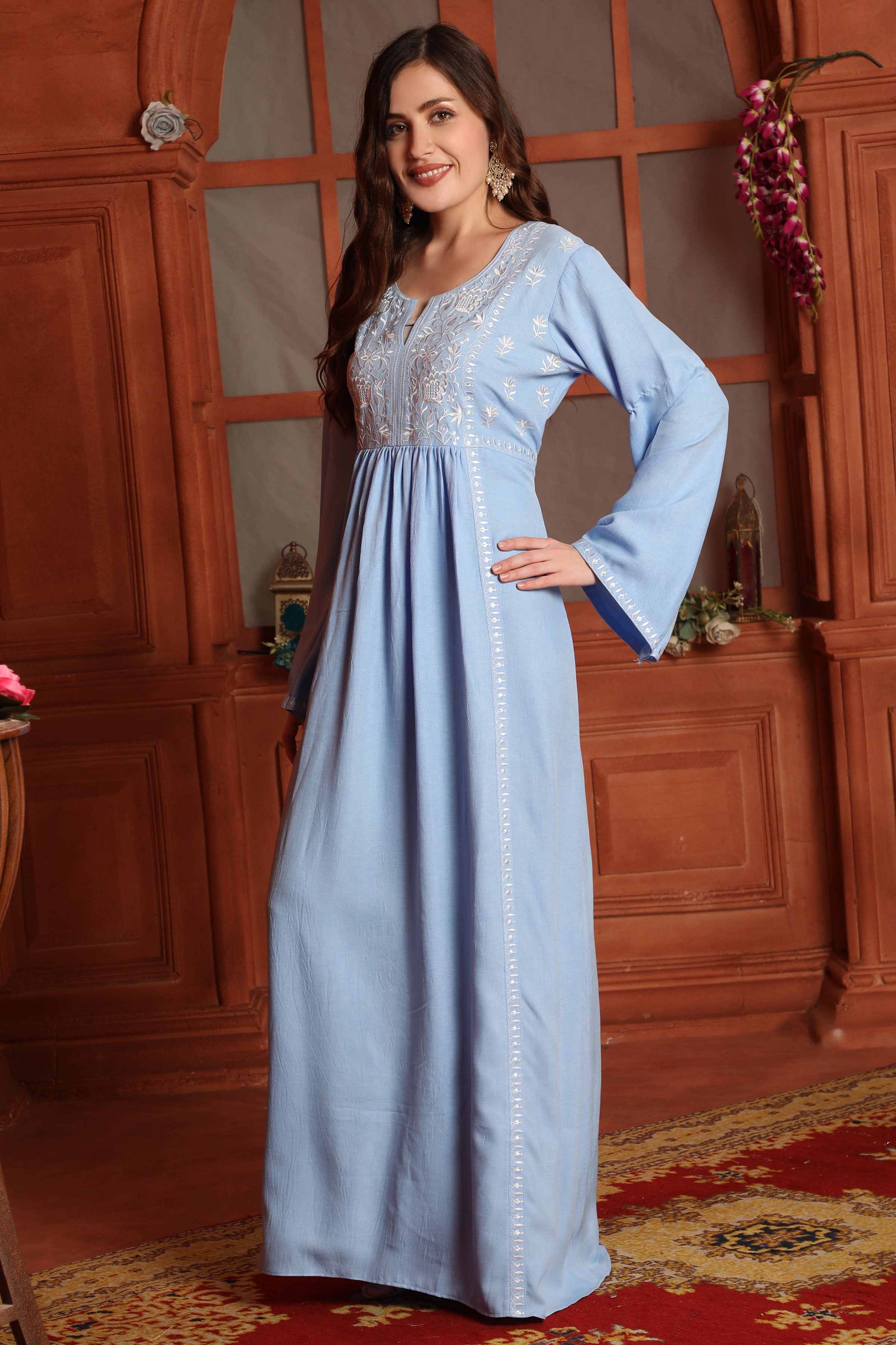 Sky Blue Floral Embroidered Empire Waist A-Line Dress Maxim Creation Sky Blue Floral Embroidered Empire Waist A-Line Dress Maxim Creation