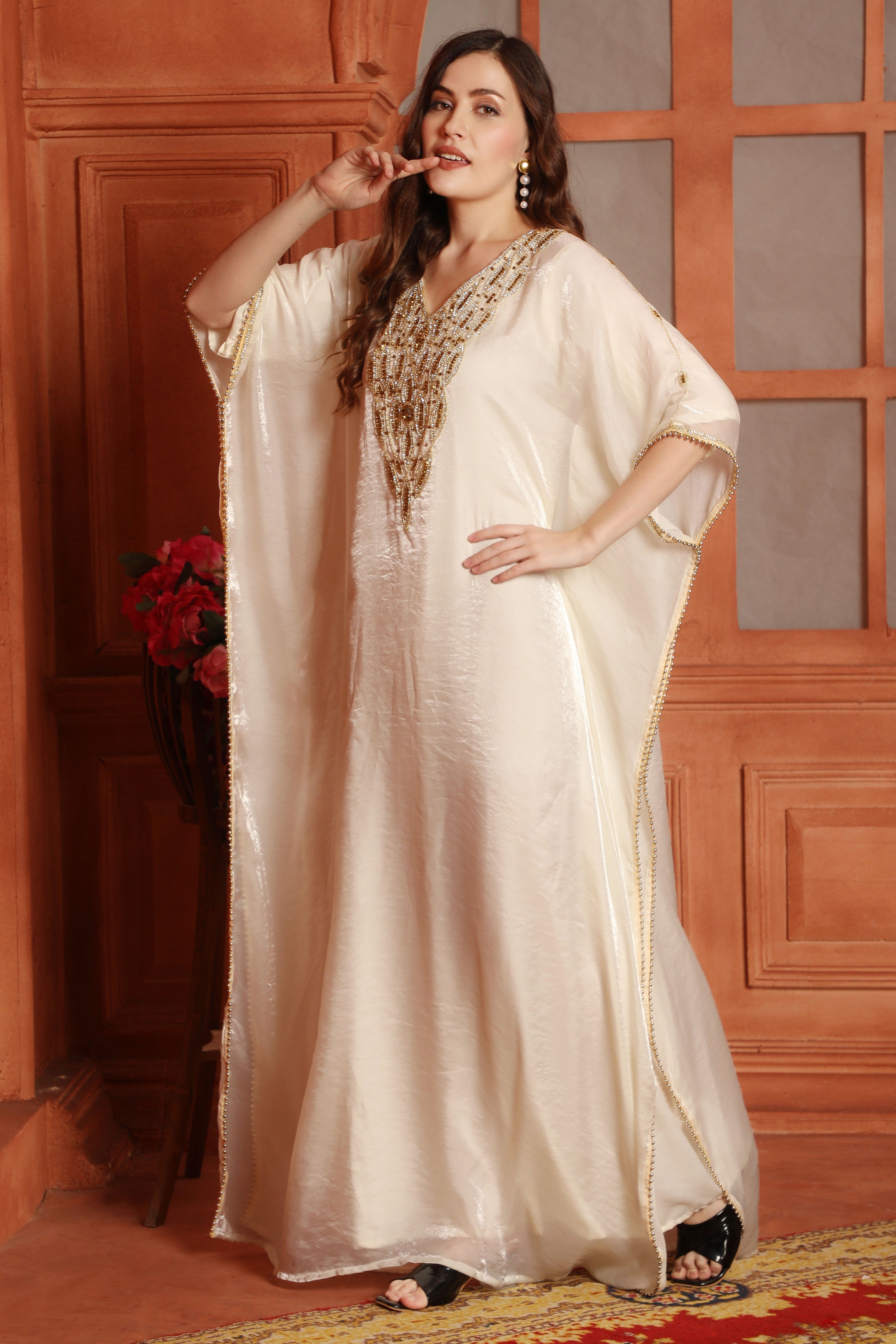 gold kaftan dress Off White Hand-Embroidered Day-Party 8 Cute And Comfortable Size:M 5.5 / W 7.5 A beautiful soft orange summer wear for women