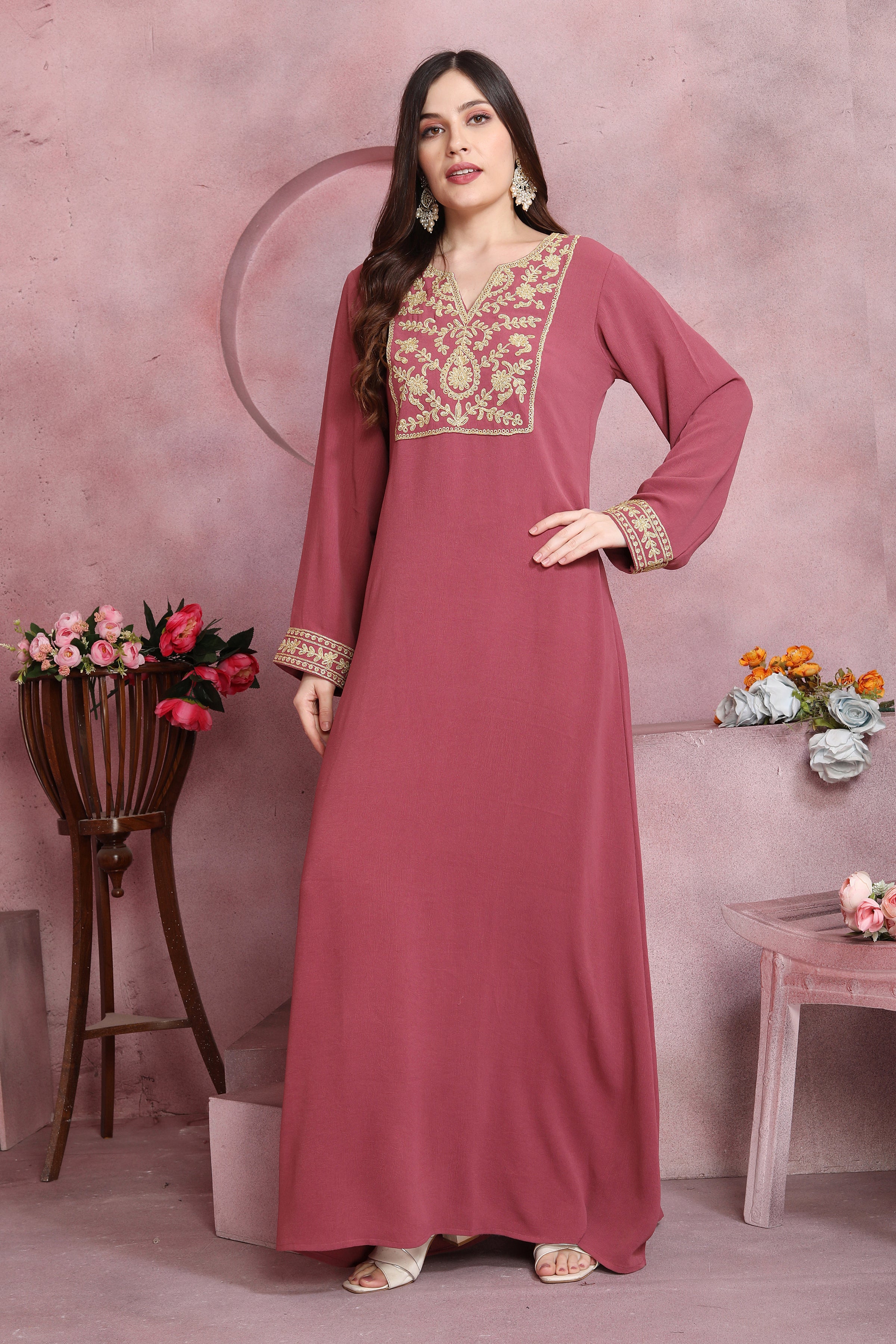 long embroidered dress Thread Embroidered Modest Wear Long Dress in Pink 2XL / 52 / Matching Embroidered Scarf (24 X 71 Inches)