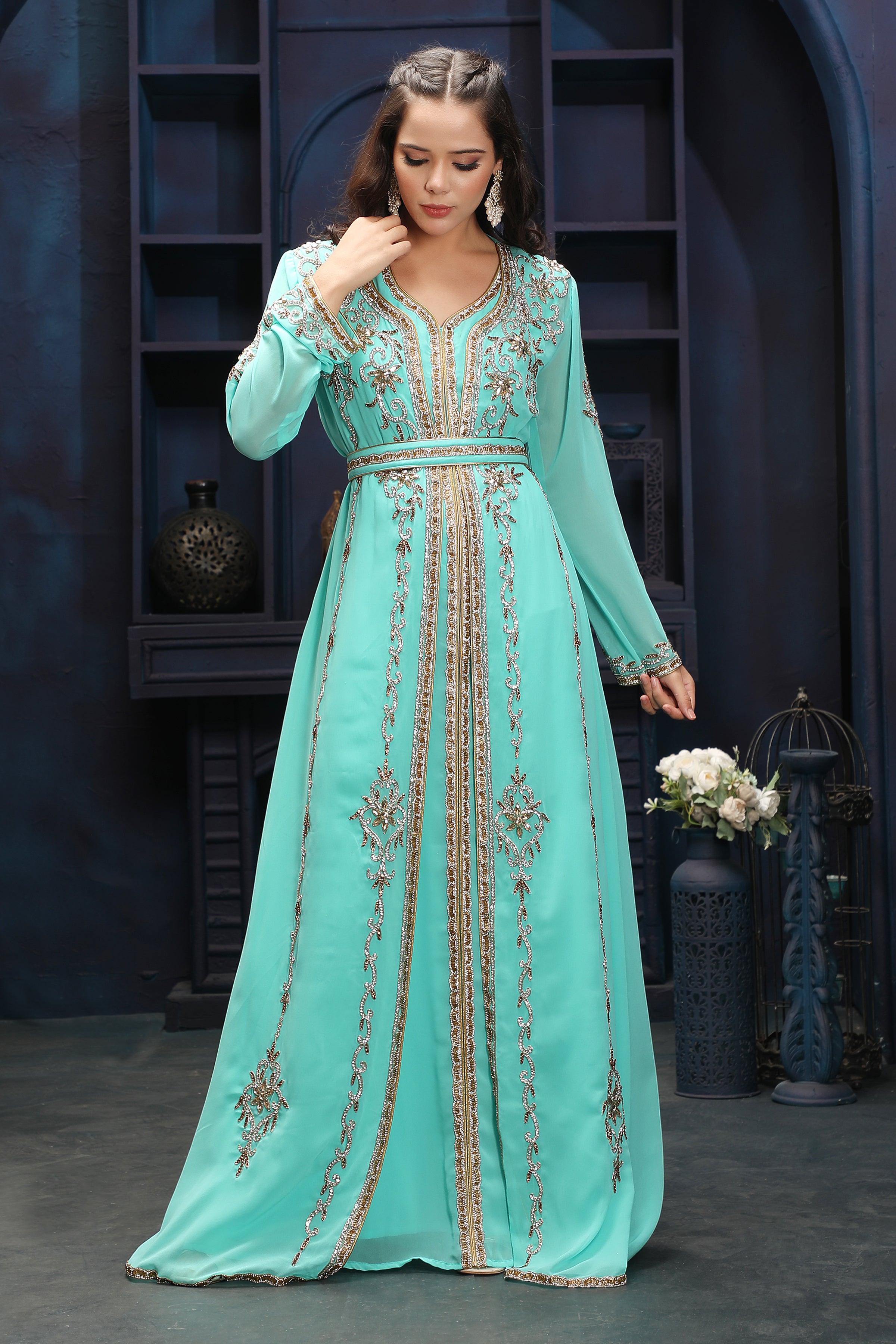 Aqua Green Embroidered Caftan with Detailed Front Panel Work