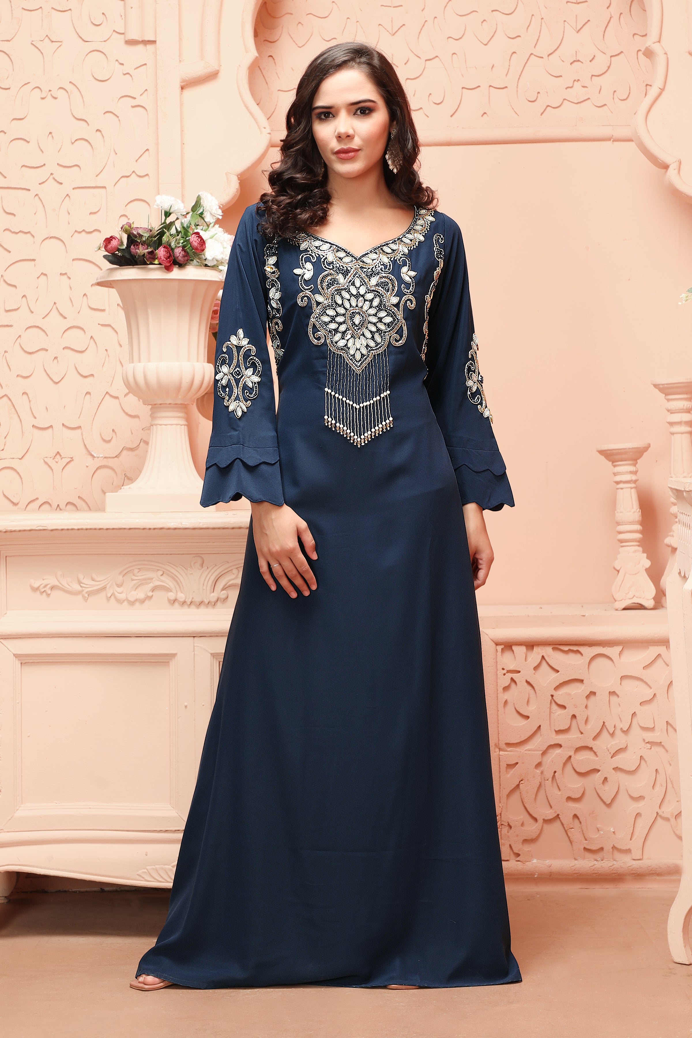 Navy Blue Designer Kaftan Gown with Heavy Embroidered Front Panel