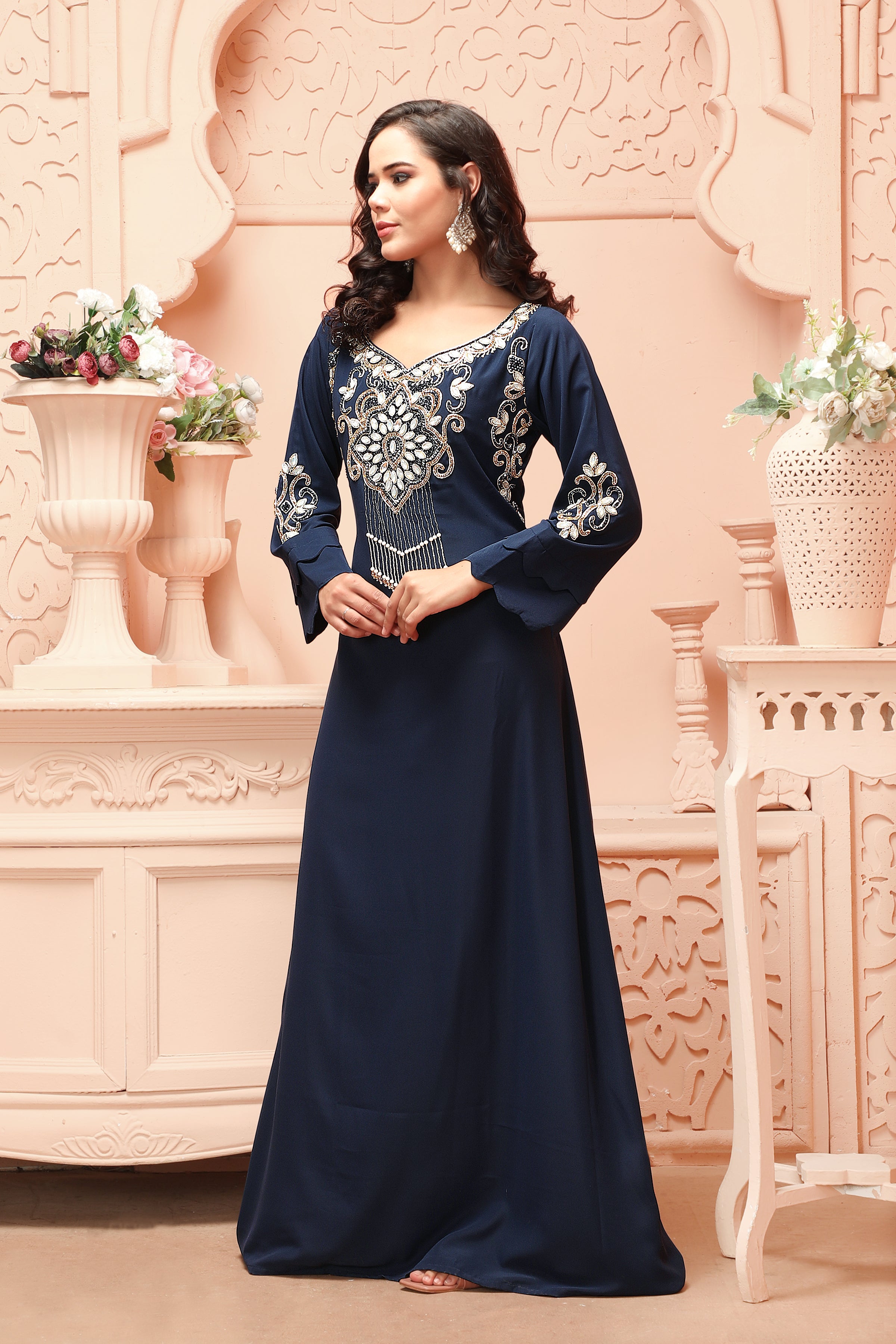 Navy Blue Designer Kaftan Gown with Heavy Embroidered Front Panel