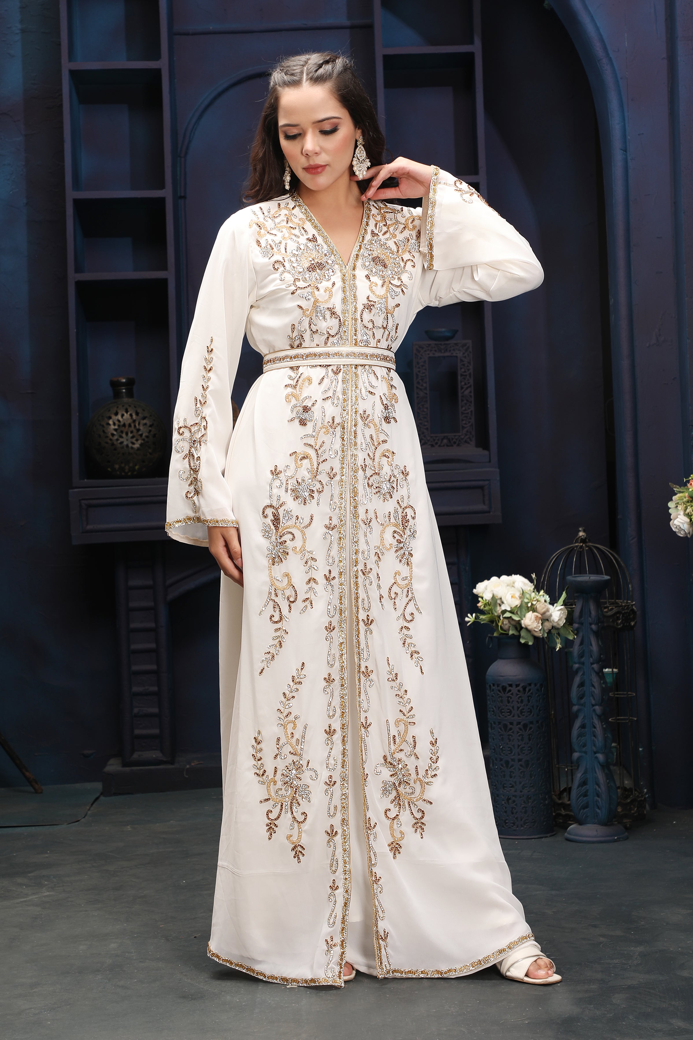 Modest Off-White Kaftan Dress with Premium Gold Embellishments 2XL / 58 / Matching Embroidered Scarf (24 X 71 Inches)