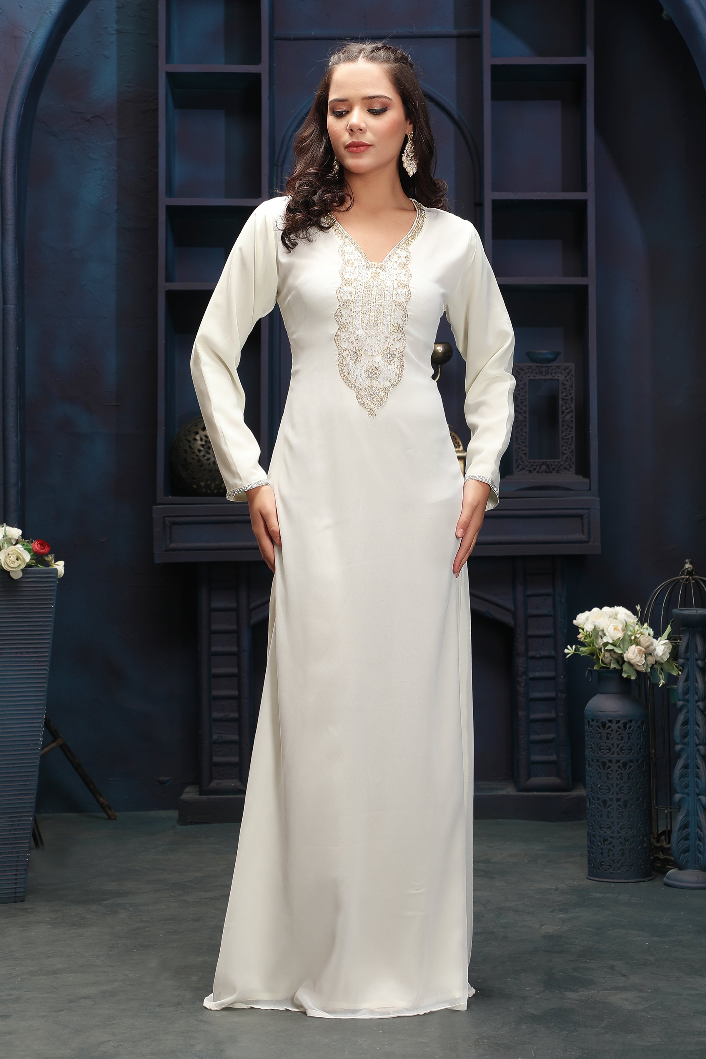 Designer Ivory Modest Dress with Hand Embroidery  Maxim Creation