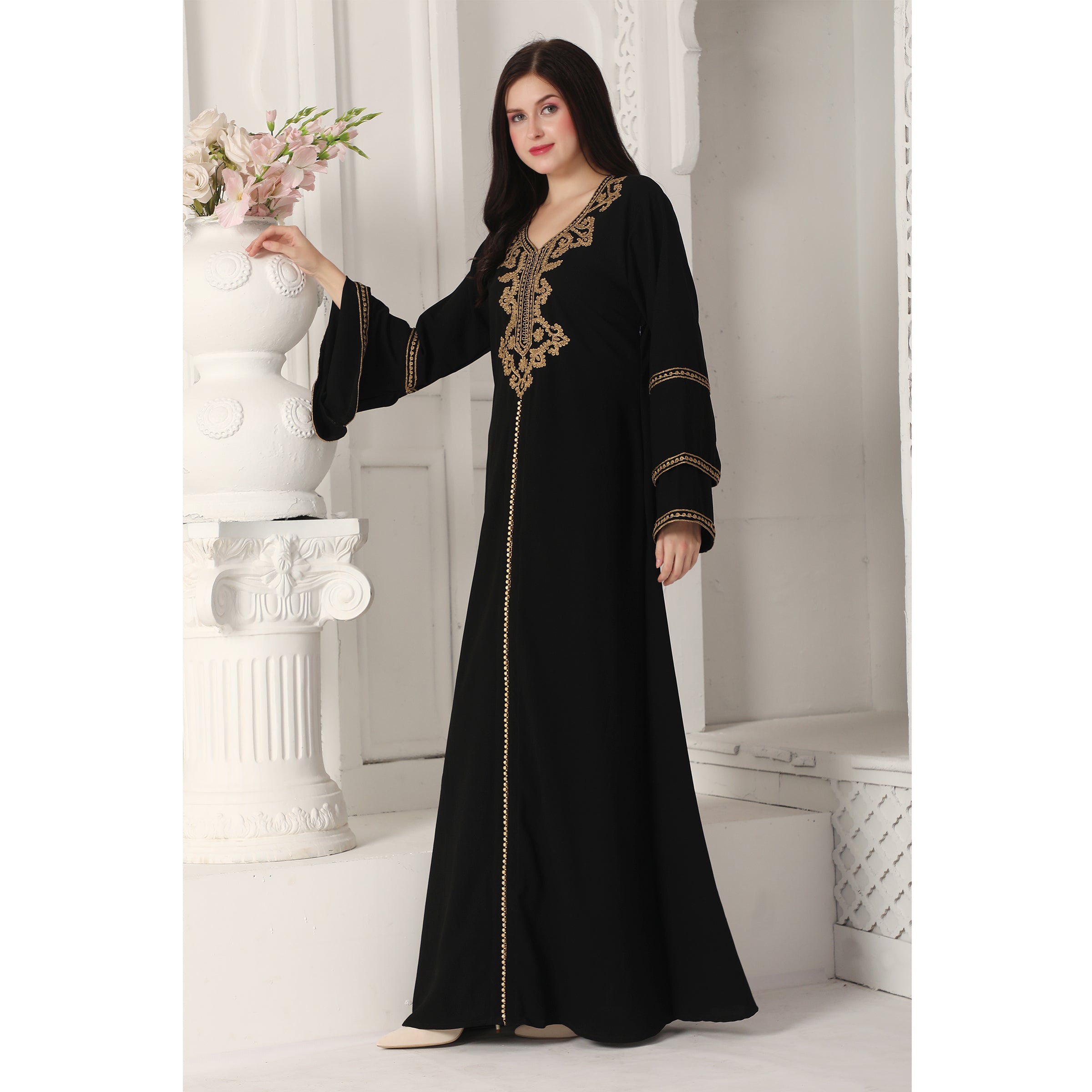 Black Jalabiya Kaftan with Gold Embroidery Double Flaired Sleeve