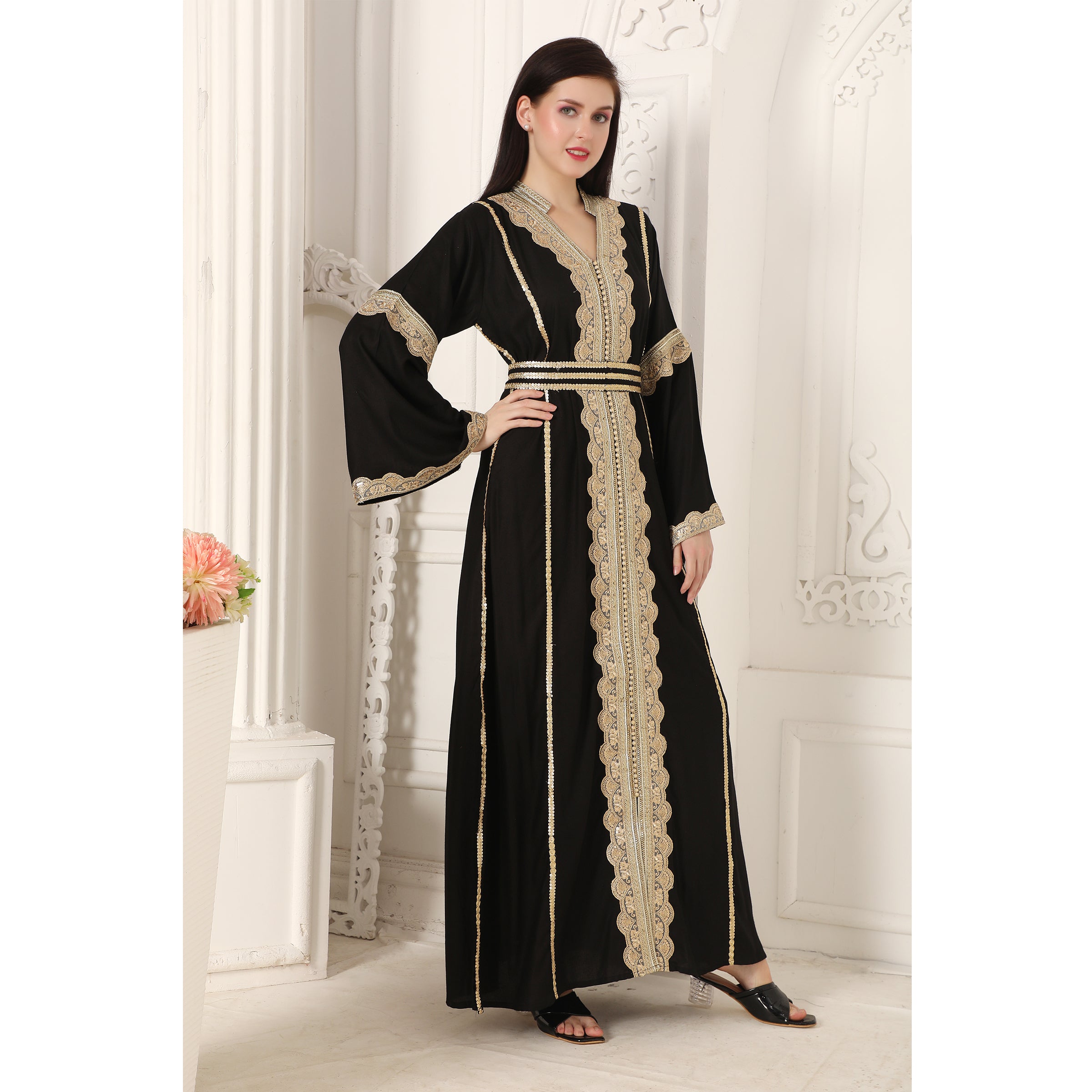 Designerwear Jalabiya Kaftan with Golden lacework – Maxim Creation