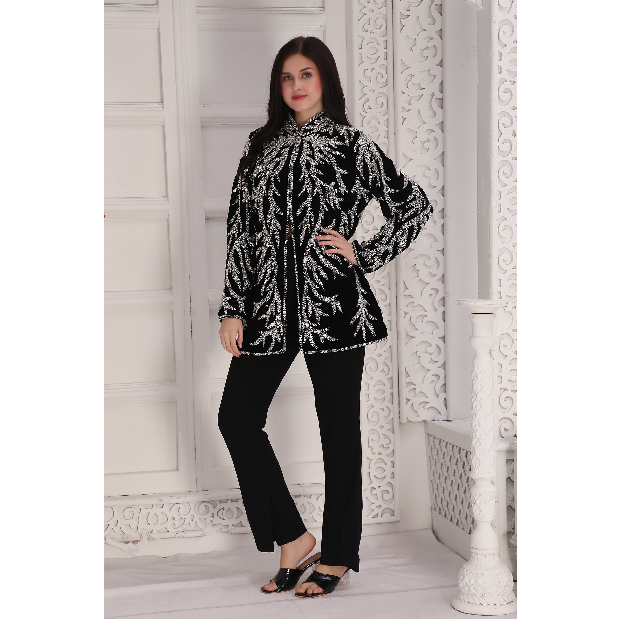 Designer Black Velvet Jacket with Silver Crystal Hand Embroidery