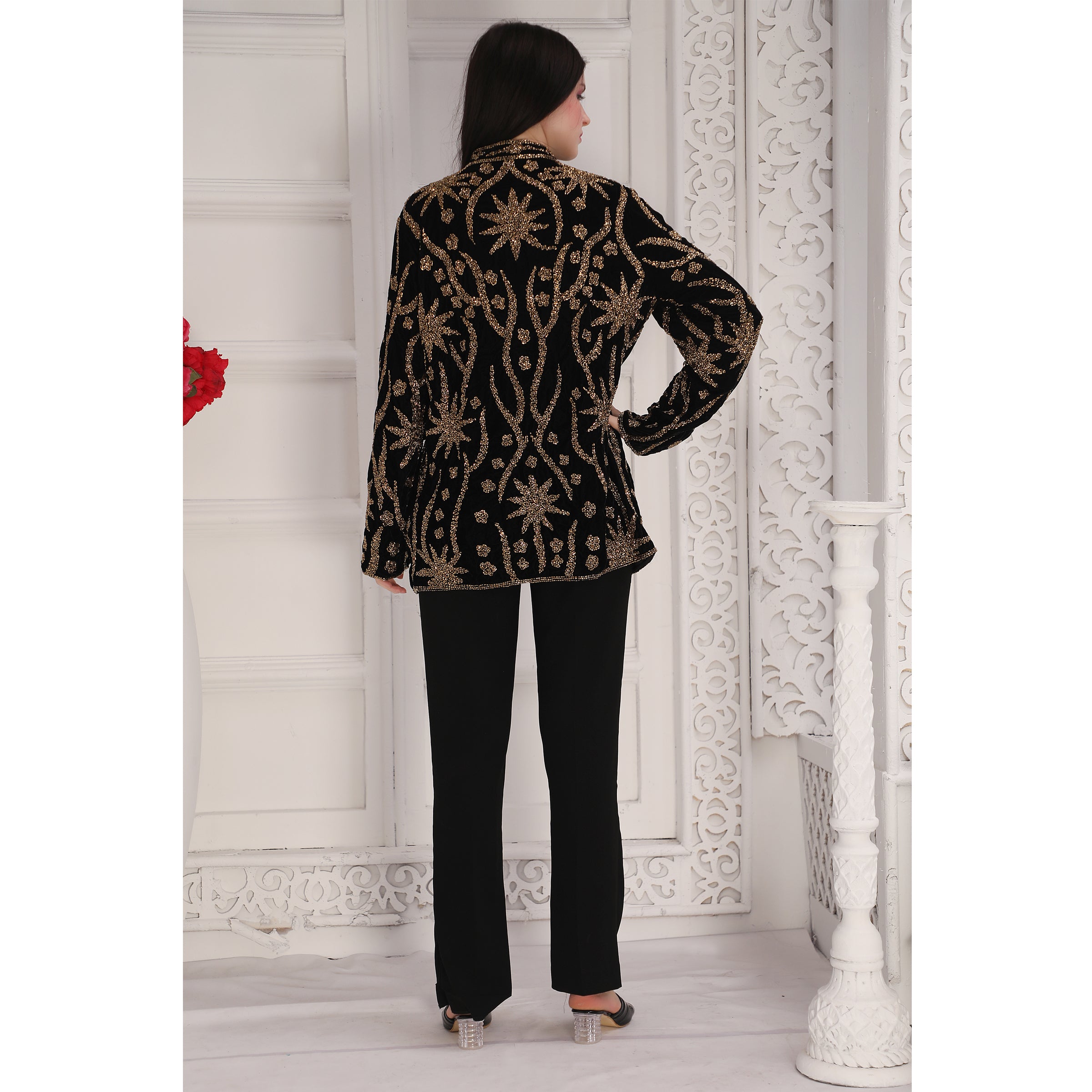 Designer Black Velvet Jacket with Golden Hand Embroidery (Top only