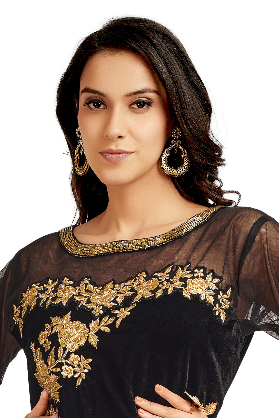black velvet dress with gold embroidery Black Velvet Party Gown with Long Sleeve