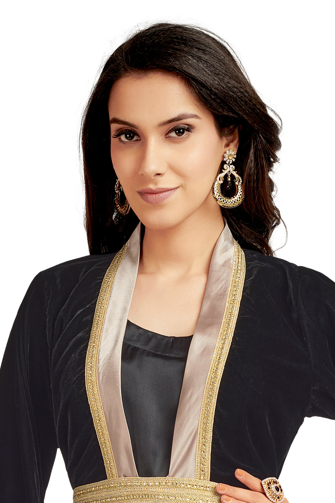 Classic Black Velvet Party Gown L / 60 Inches / Matching Embroidered Scarf (24 X 71 Inches) Classic Black Velvet Party Gown L / 60 Inches / Matching Embroidered Scarf (24 X 71 Inches)