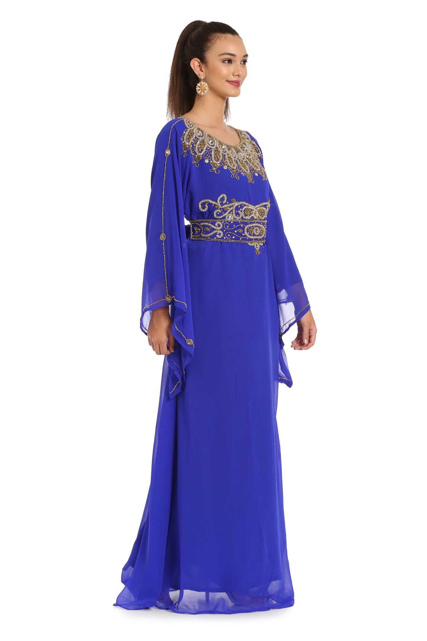 Royal Blue Maxi Gown Embroidered Arabian Kaftan Dress - Maxim Creation