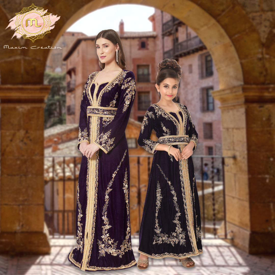 Arabian Djellaba Maxi Embroidered Party Gown for Mother and Child