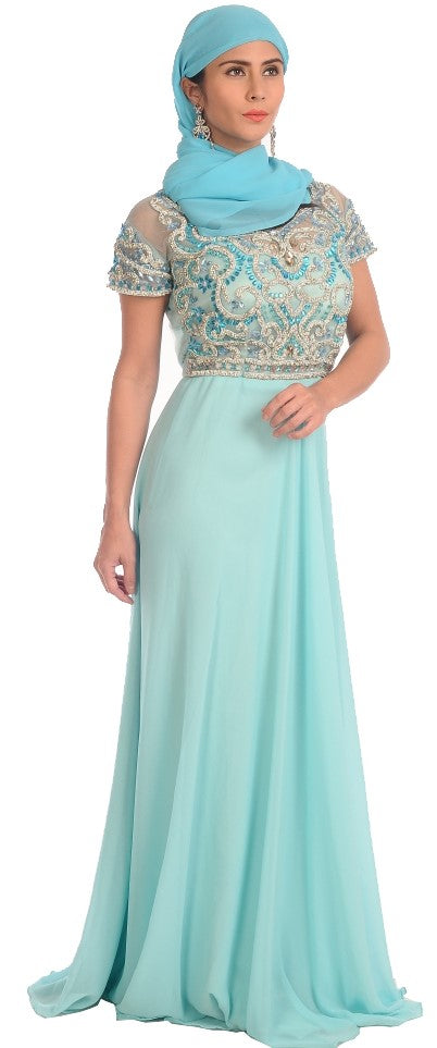 Short Sleeve Prom Dress Sky Blue Maxi
