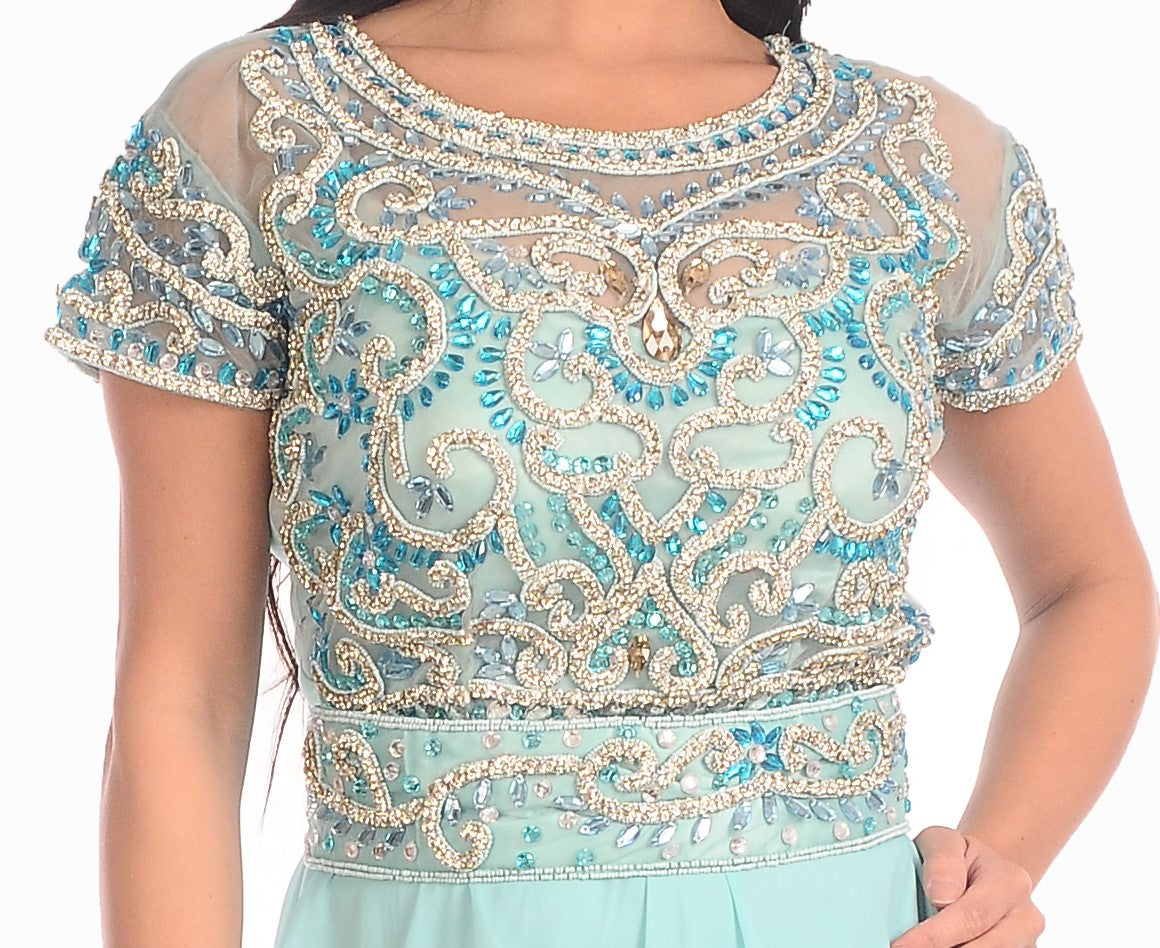 short sleeve prom dresses SHORT SLEEVE PROM DRESS SKY BLUE MAXI 3XL / SKY BLUE / Georgette