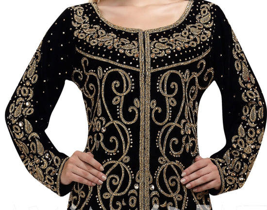 Embroidered Kaftan in Black-Maroon Velvet Fabric Takchita Gown - Maxim Creation