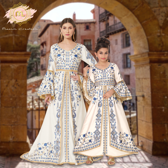 Designer Luxury Ball Gown with Rich Thread Embroidery & Tassels Mother + Daughter Set - Maxim Creation