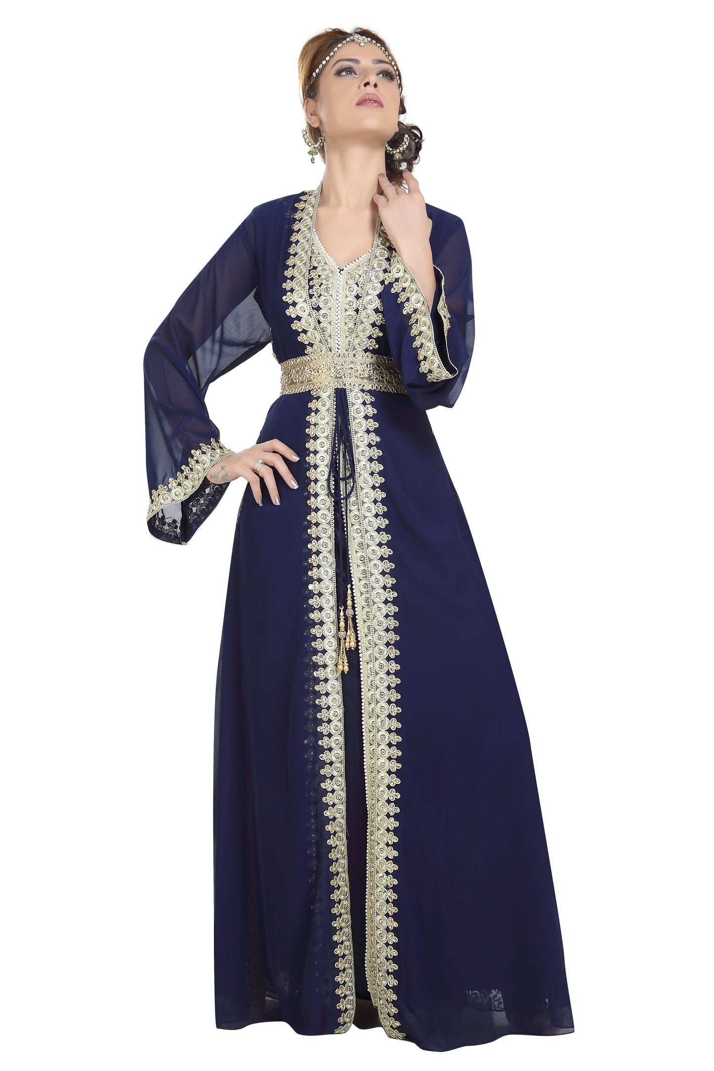 Designer Kaftan With Golden Lace Work Party Gown - Maxim Creation