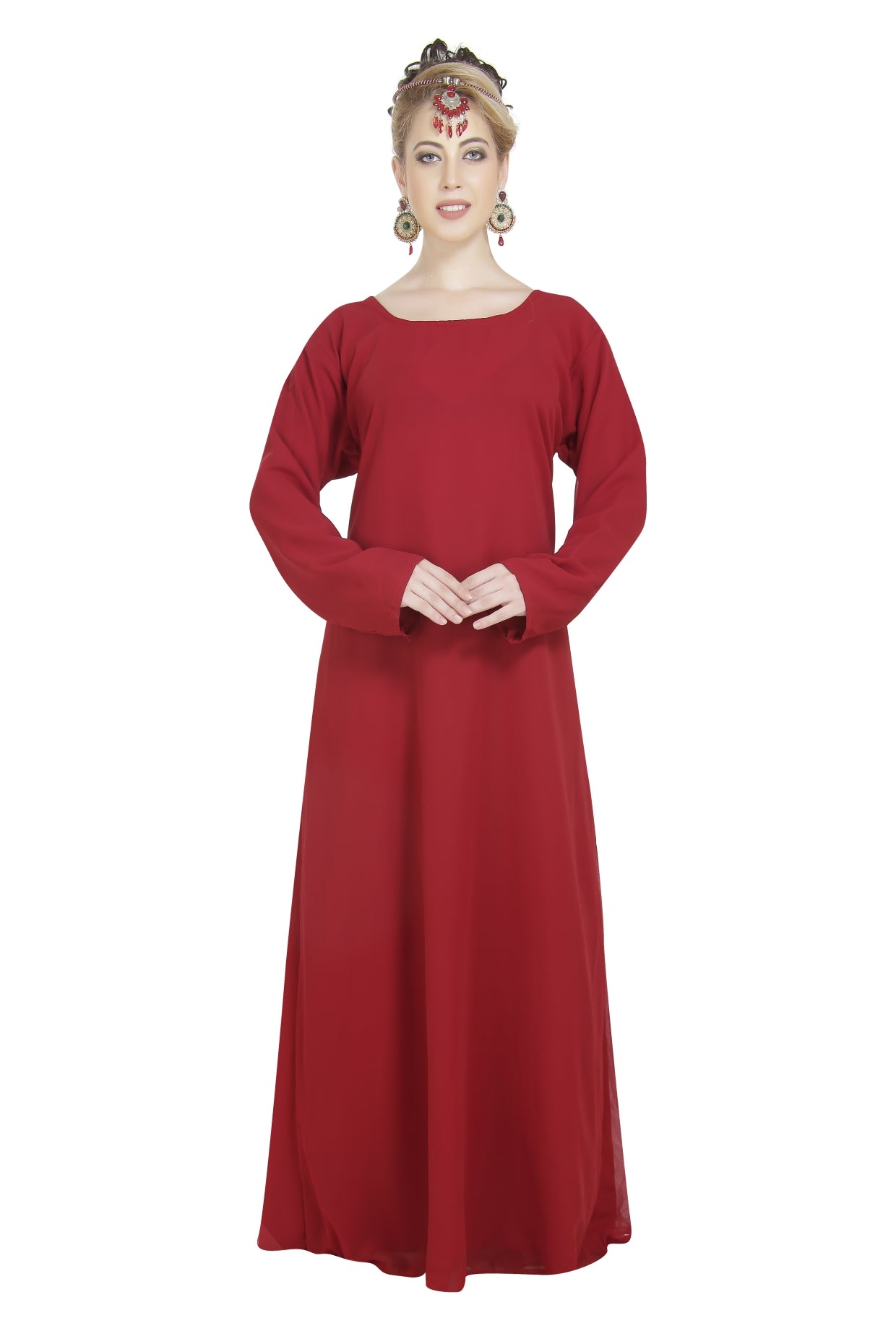 plain georgette maxi dress Georgette Long Sleeve Puff V-Neck Plain Tall Dress ElinaFashion.com