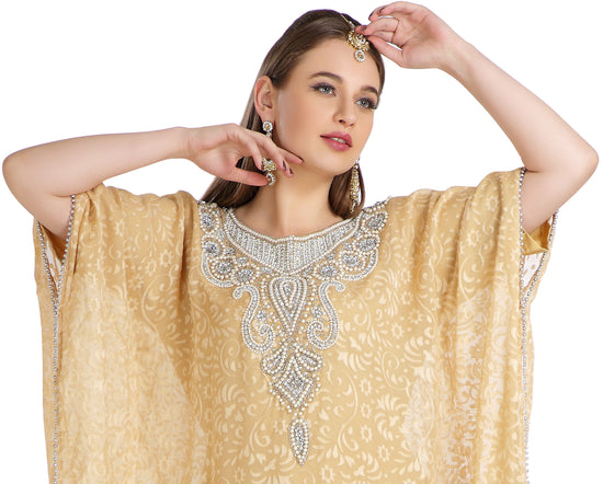 Party Caftan in Beige Brasso Printed Maxi Gown - Maxim Creation