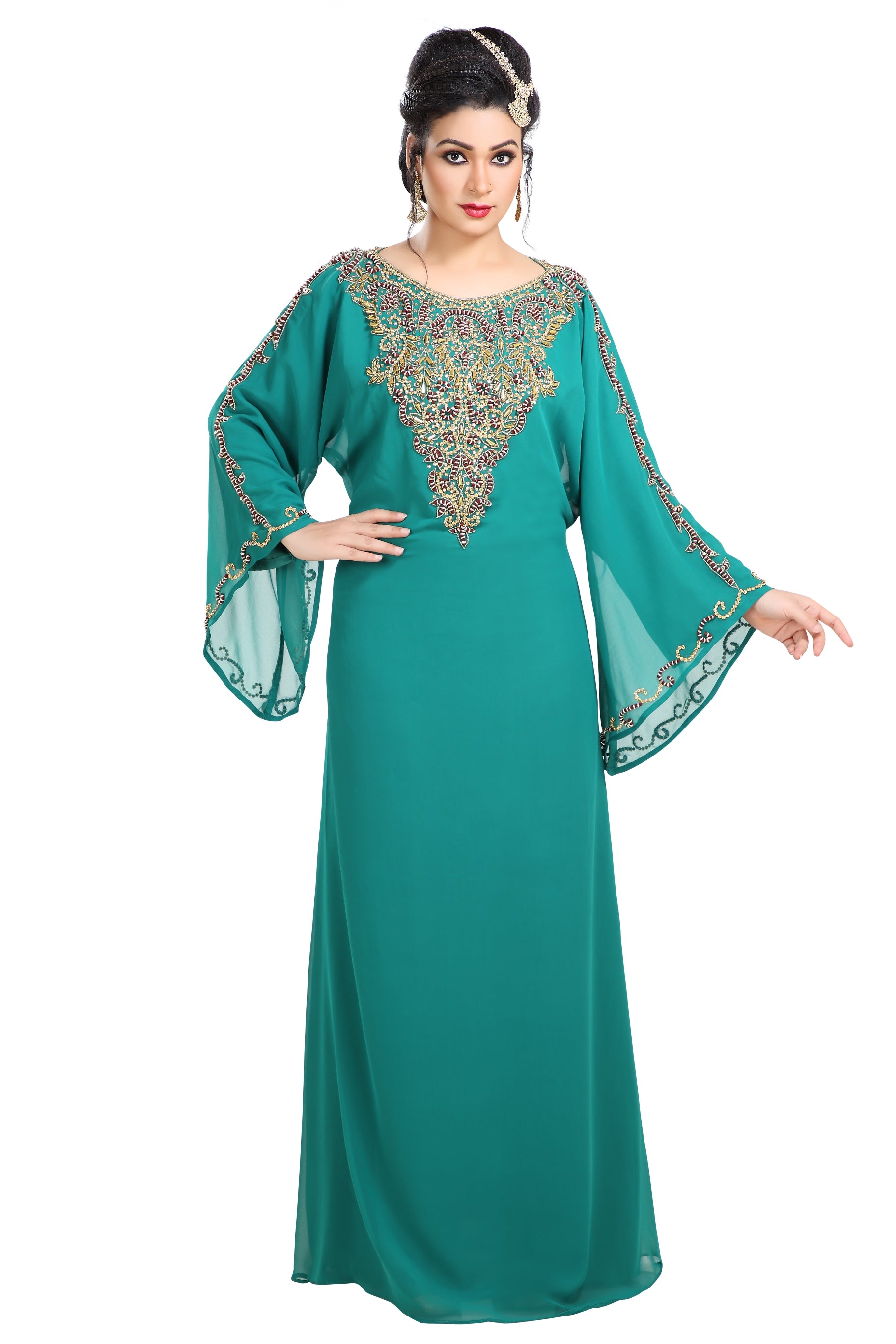 green arabic dress Green Off-Shoulder Crecent Dress with Arabic Letters