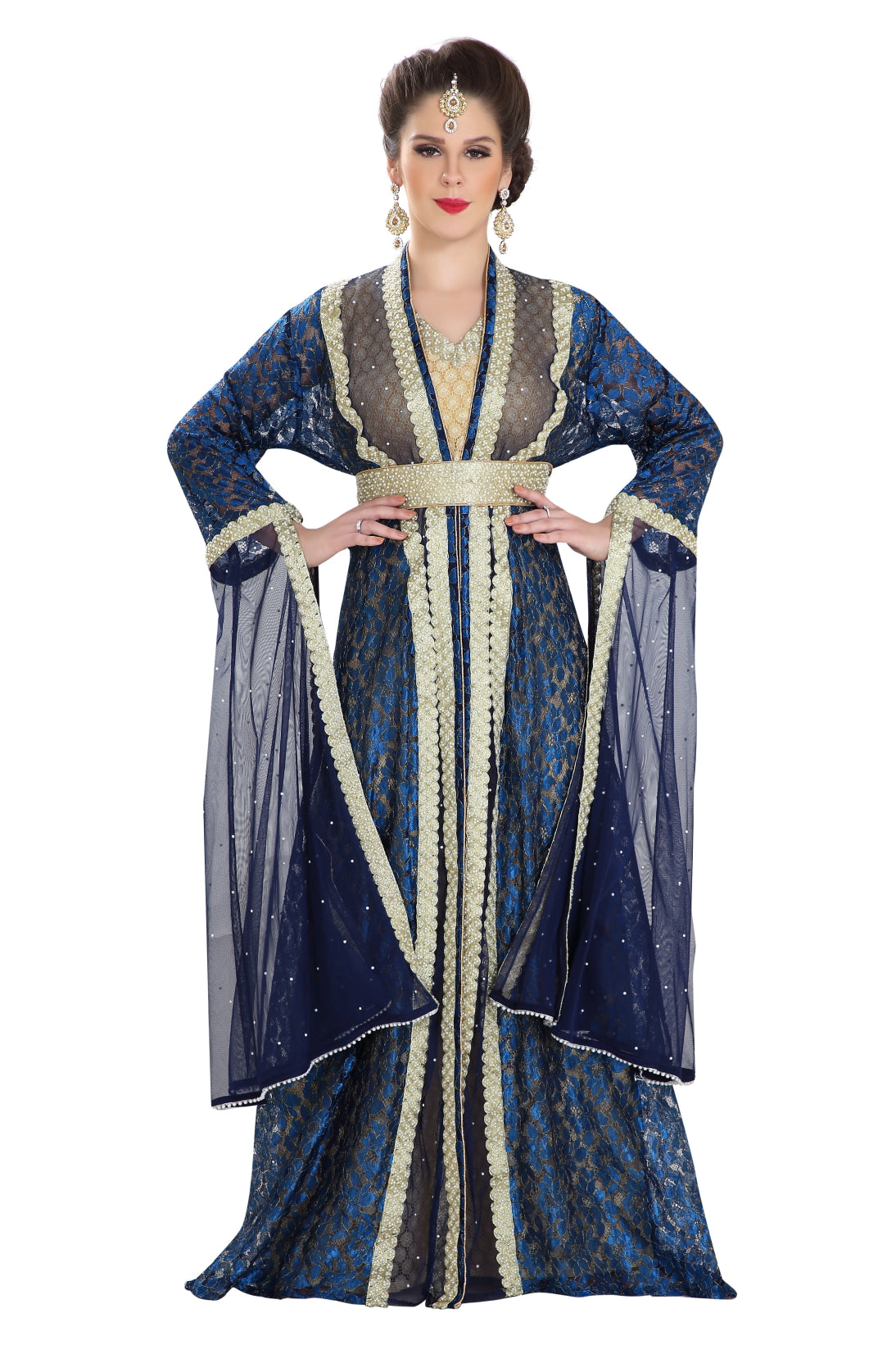 open lace back dress Henna Party Dress Khaleeji Thobe Caftan XS / 54 Inches / Jacket Navy Blue & Inner Beige