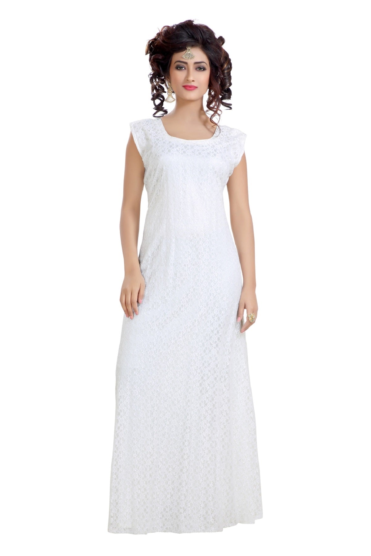 Night Gown in Flower Net Fabric Maxi Dress XS / 60 Inches / Cream