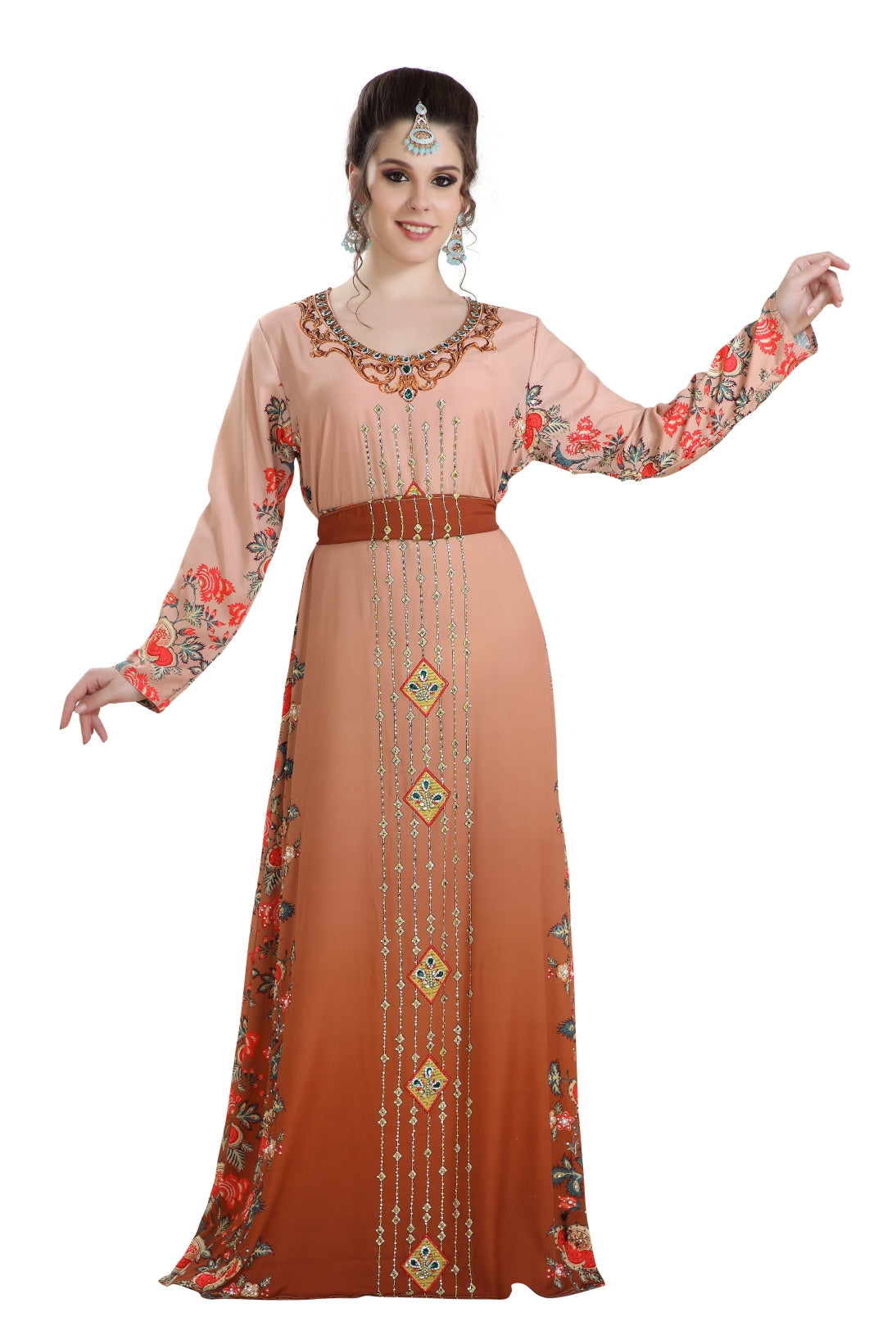 Dubai Kaftan Digital Printed Long Maxi Dress with Crystals