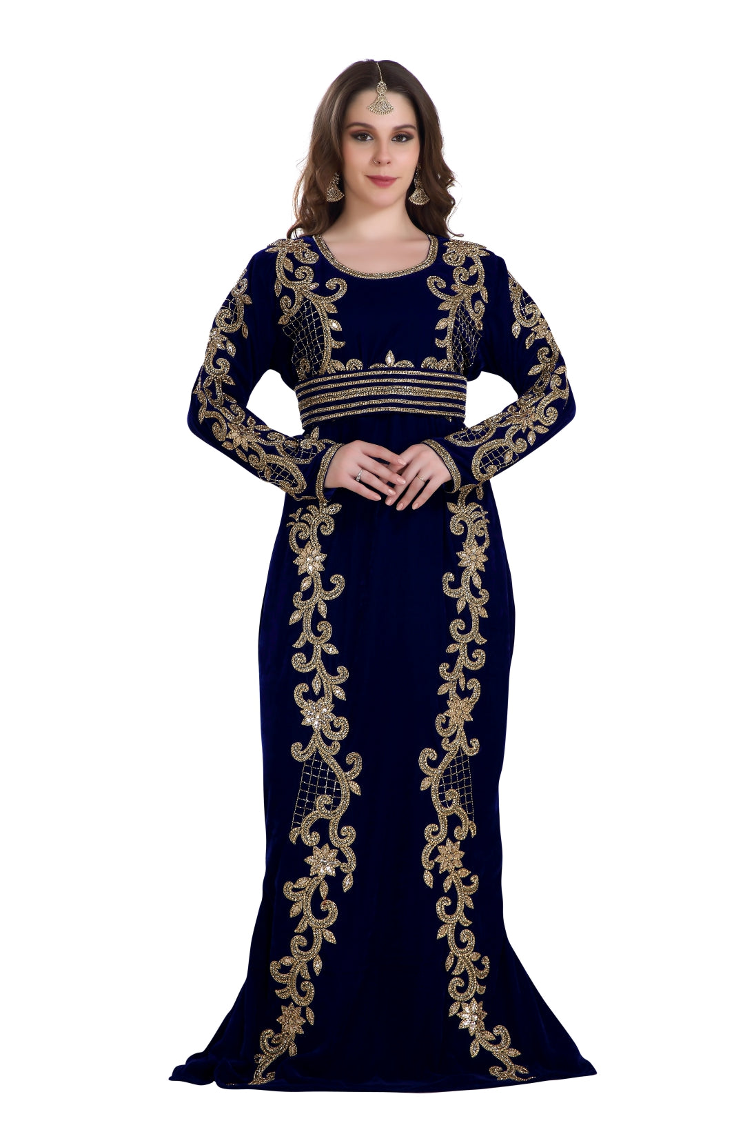 Fishcut Gown Navy Blue Velvet Crystal Moroccan Kaftan XXL / 54 Inches / Navy Blue Fishcut Gown Navy Blue Velvet Crystal Moroccan Kaftan XXL / 54 Inches / Navy Blue