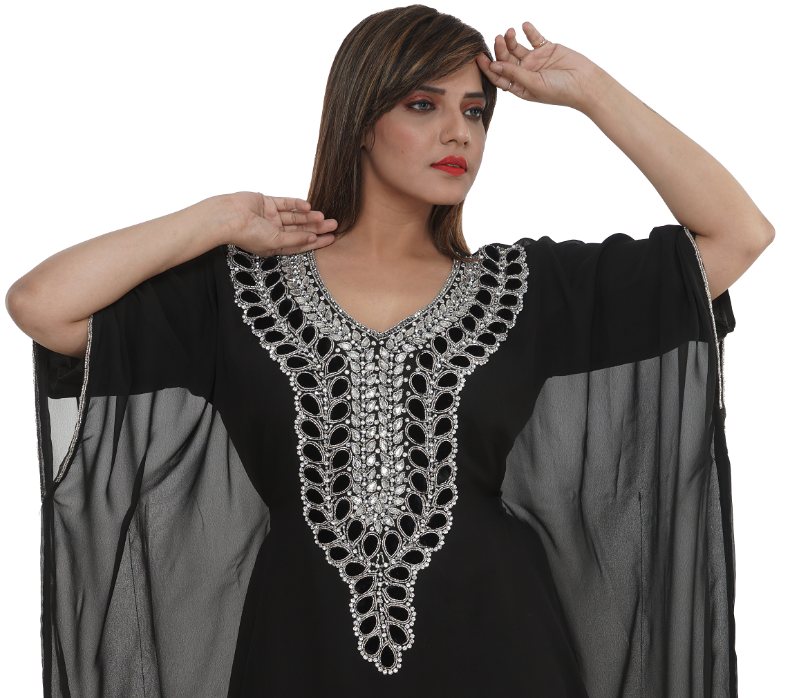 Embroidered Maxi Dress with Black Velvet Beaded
