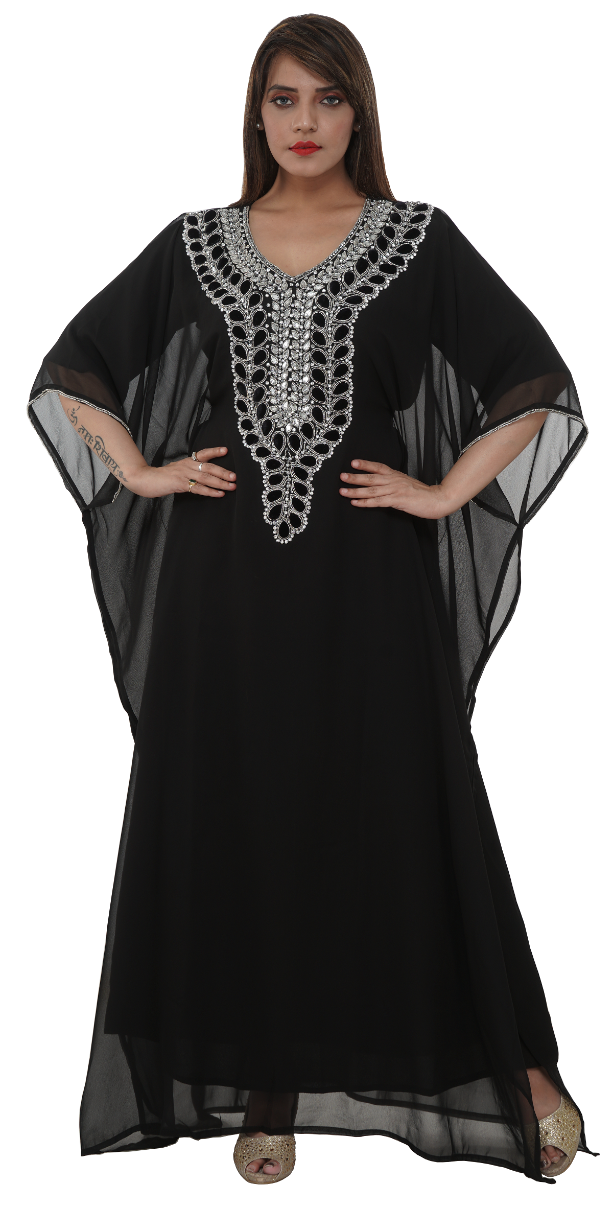 Embroidered Maxi Dress With Black Velvet Beaded - Maxim Creation
