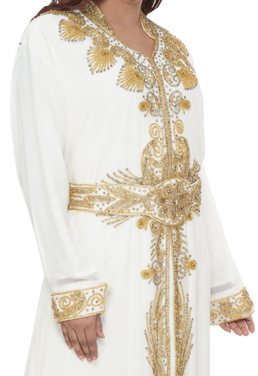 Kaftan Dress V-Neck with Collar with Golden Embroidery 2XL / 60 Inches / No Scarf