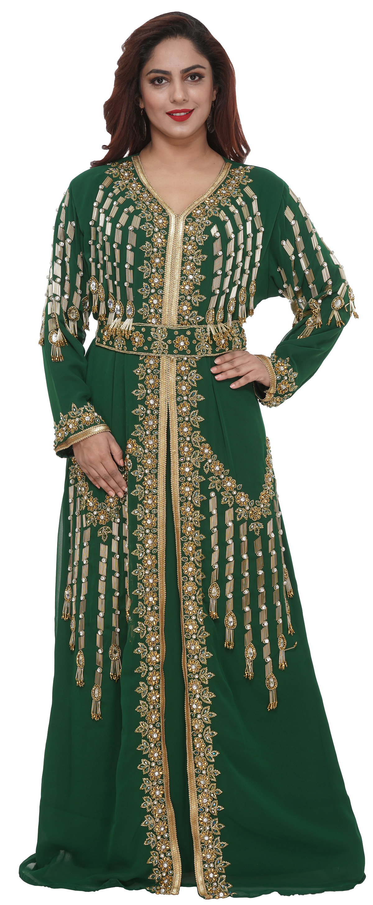open lace back dress Henna Party Kaftan With Golden Floral Embroidery