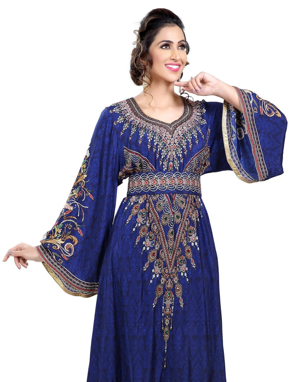 royal blue dress with gold belt Ladivine CD242 Size 14 Rose Gold Long Formal Dress Pleated Chiffon A Line Bell Sleeve V Neck Bridesmaid Gown main image 0