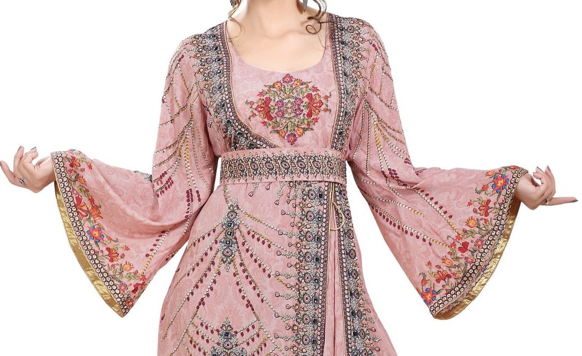 Light Pink Printed Kaftan with Crystal Luxe Beads