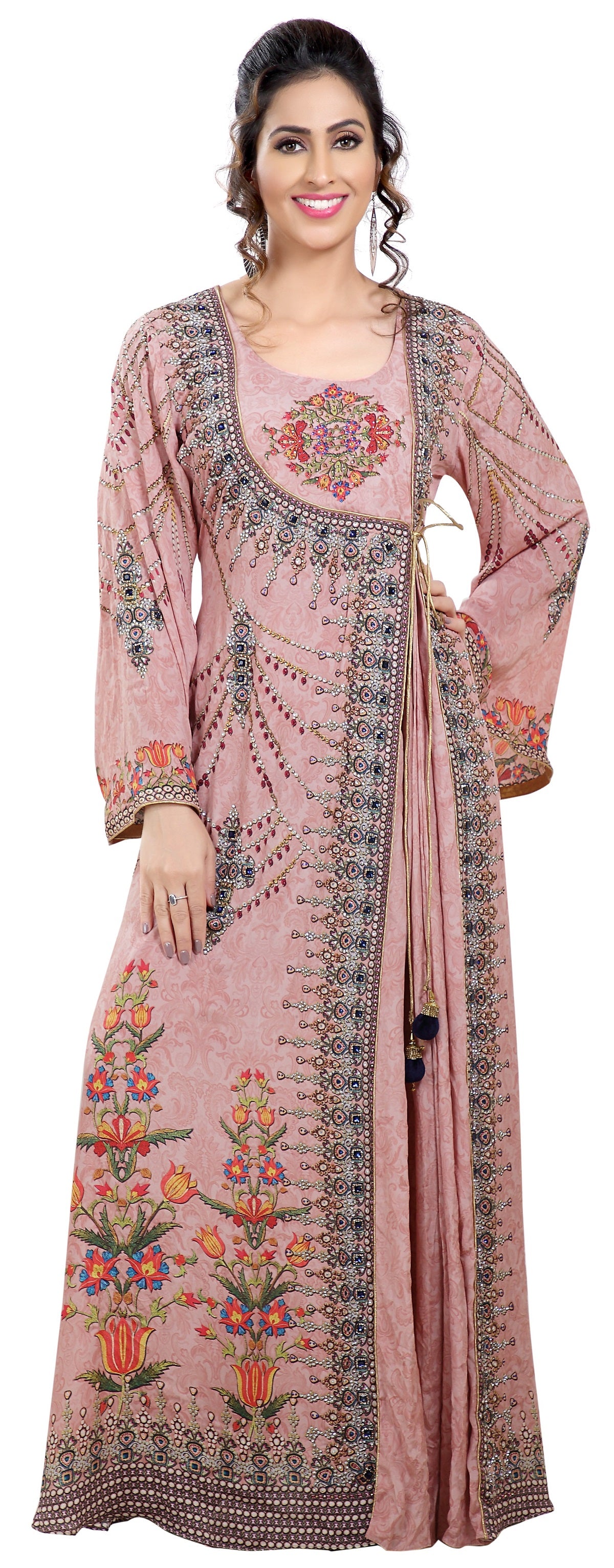 Light Pink Printed Kaftan with Crystal Luxe Beads