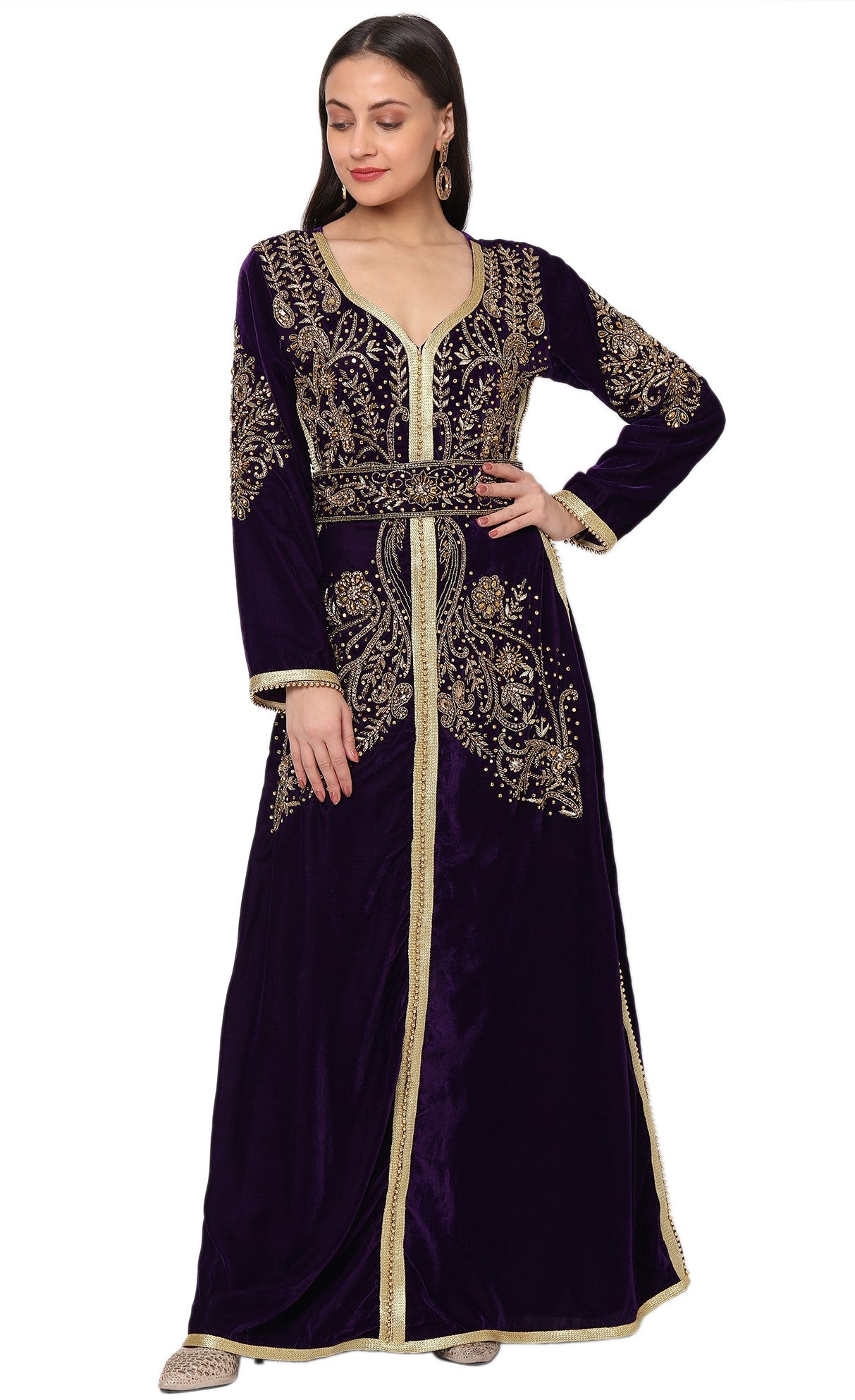 Designer Caftan Evening Party Gown in Purple Velvet Designer Caftan Evening Party Gown in Purple Velvet