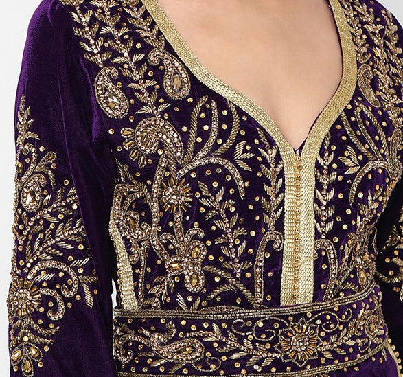 Designer Caftan Evening Party Gown in Purple Velvet Designer Caftan Evening Party Gown in Purple Velvet