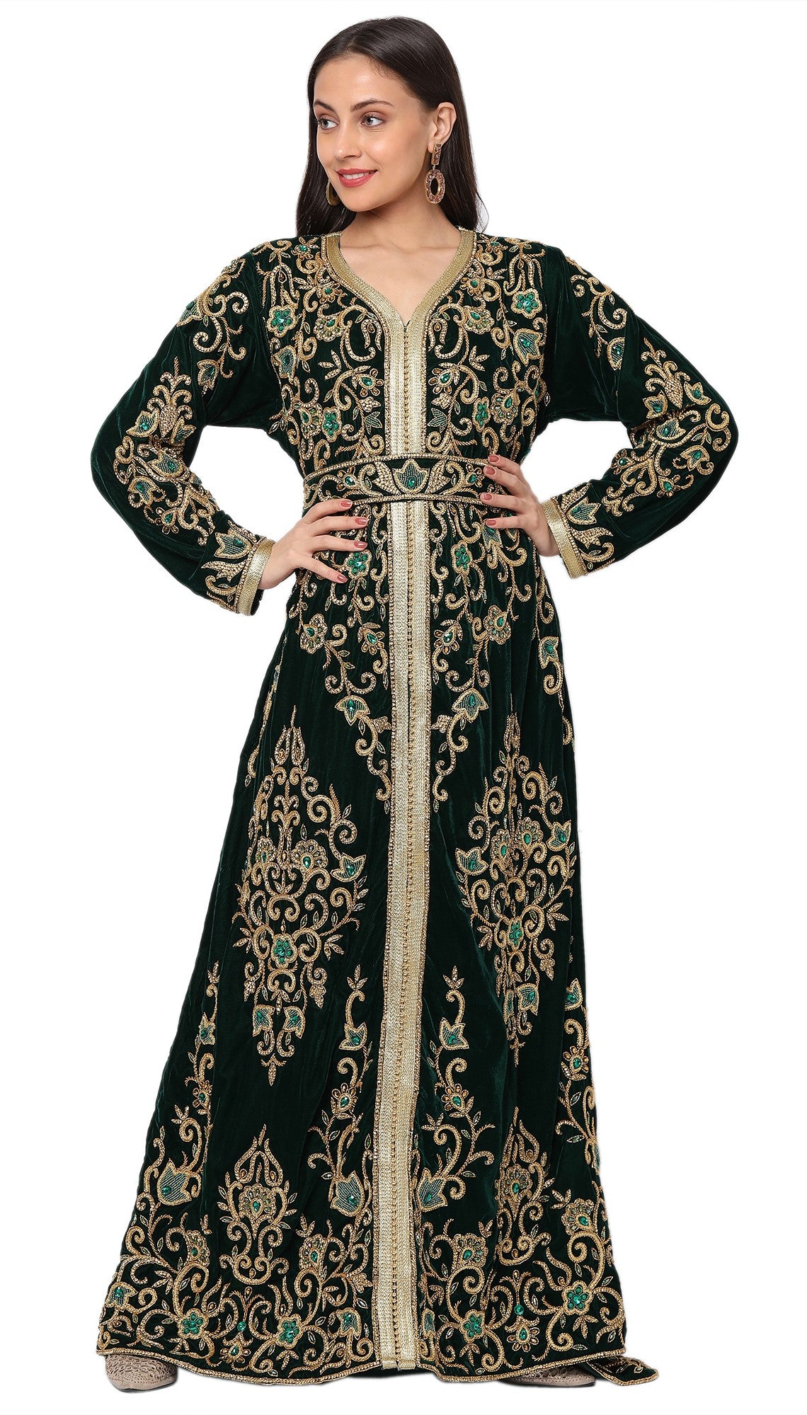 Designer Wedding Dress Crystal Embroidered Kaftan in Dark Green Velvet Designer Wedding Dress Crystal Embroidered Kaftan in Dark Green Velvet