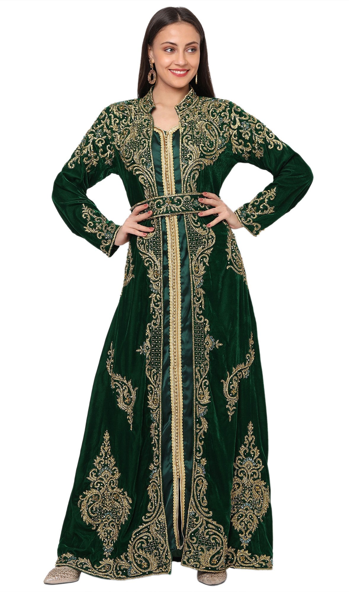 Designer Caftan Wedding Dress in Dark Green Velvet 3XL / 50 Inches / Matching Embroidered Scarf (24 X 71 Inches) Designer Caftan Wedding Dress in Dark Green Velvet 3XL / 50 Inches / Matching Embroidered Scarf (24 X 71 Inches)