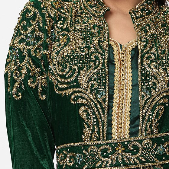 velvet green caftan dress Velvet Satin Kaftan Dress with Embroidery Details Green / FR 52 main image 0