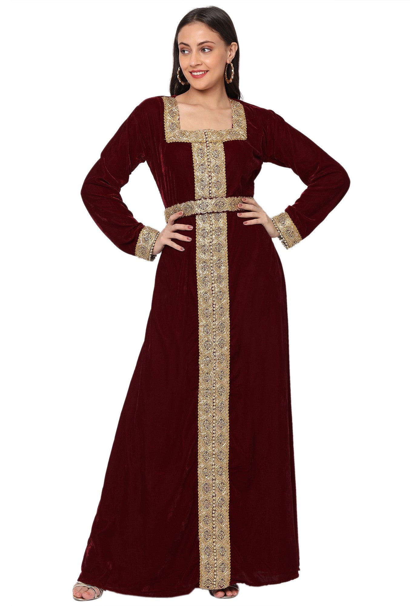 chinese dress ladies Designer Gown in Velvet Long Sleeve Maxi in Maroon Velvet